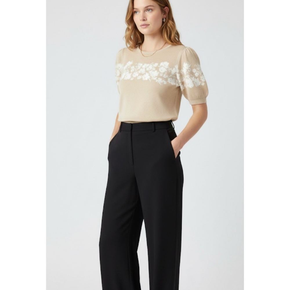 ELIE TAHARI PUFF SLEEVE SWEATER KNIT TOP M {FITS S} FLORAL OATMEAL QUIET LUXURY
